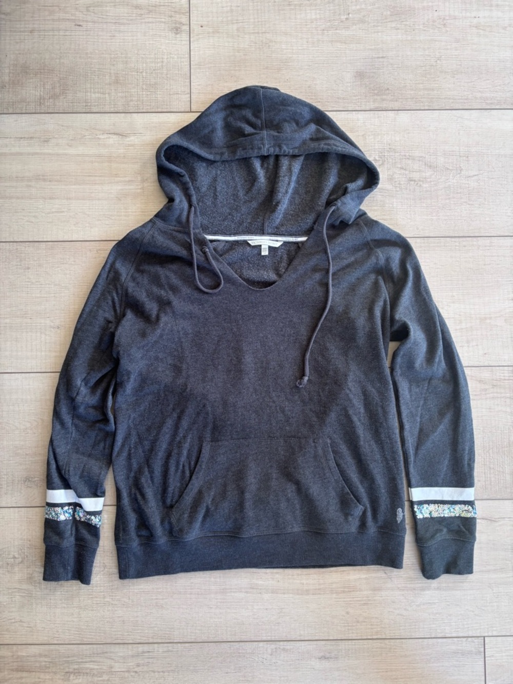 Victorias Secret Gray Pullover Angel Wings Sequin LOVE Hooded Y2K Sweater S